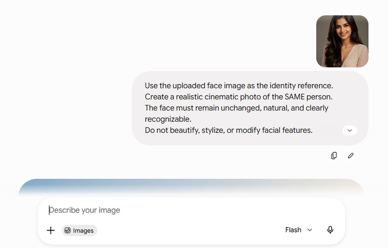 POMPTY cinematic AI prompt setup with uploaded face image and instructions