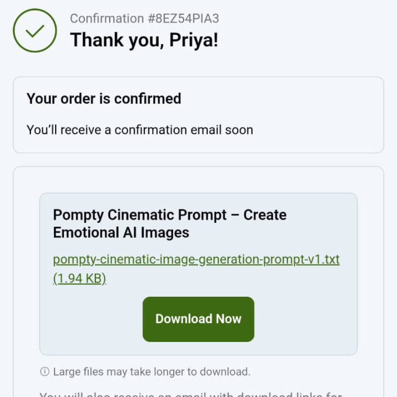 POMPTY instant prompt download screen after successful purchase.
